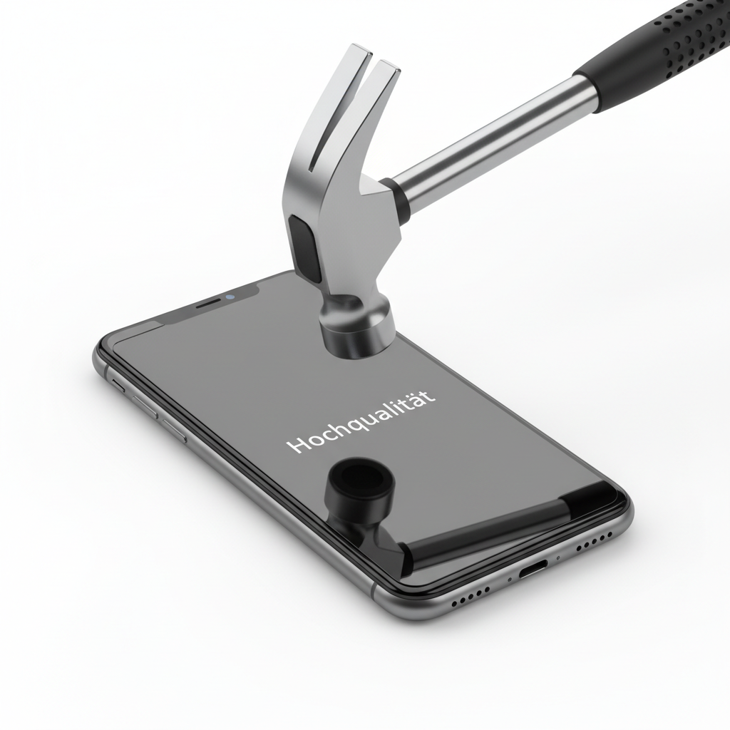 Blickschutz Panzerglas auf Handy mit Hammer